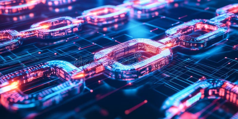 A glowing futuristic AI-powered financial security system, featuring cybernetic blockchain stock photography