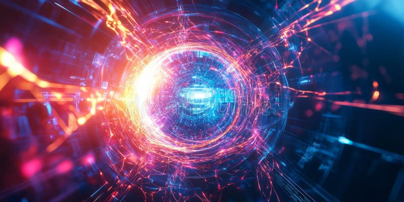 A glowing futuristic AI-powered fusion energy generator, featuring cybernetic real-time plasma stock image