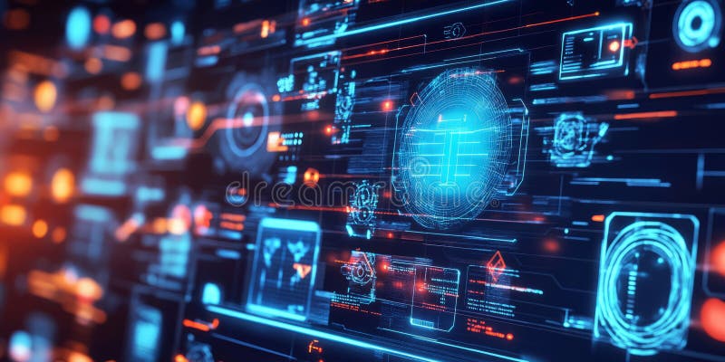 A glowing futuristic AI-powered holographic workspace, featuring cybernetic real-time virtual stock photo