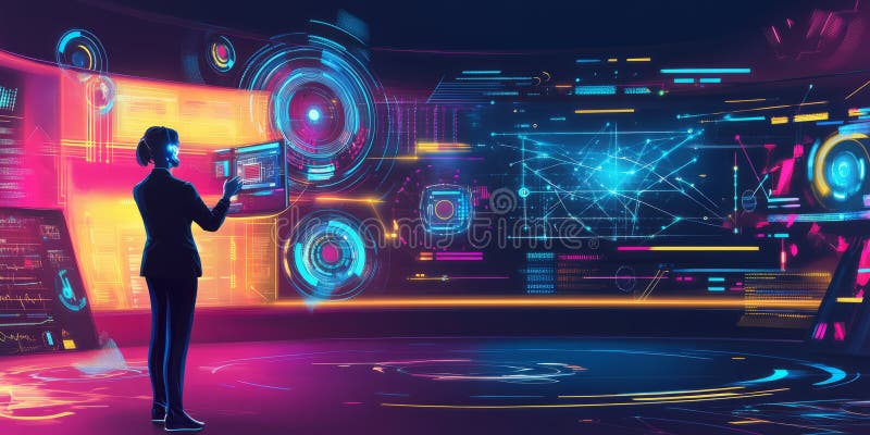 A glowing futuristic AI-powered holographic workspace, featuring cybernetic real-time virtual royalty free stock photography