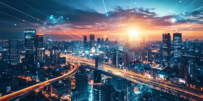 A glowing futuristic AI-powered immersive metaverse cityscape, featuring cybernetic real-time user stock photos