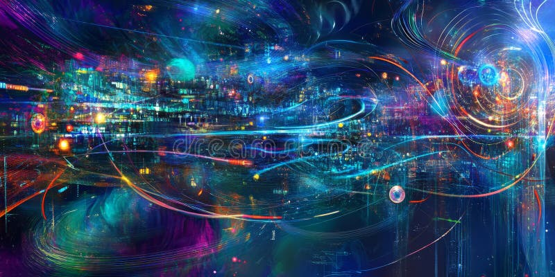 A glowing futuristic AI-powered immersive metaverse cityscape, featuring cybernetic real-time user stock photo