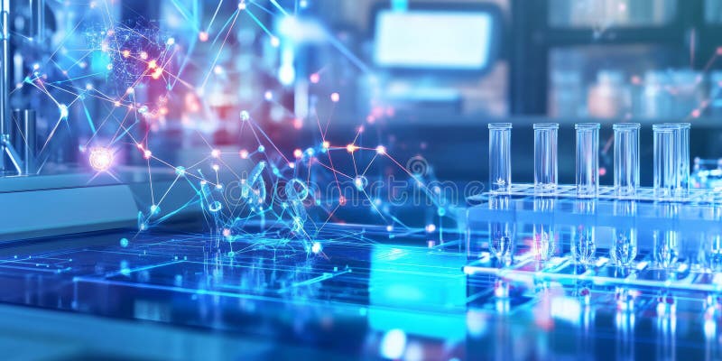 A glowing futuristic AI-powered nanotechnology lab, featuring cybernetic real-time molecular royalty free stock image