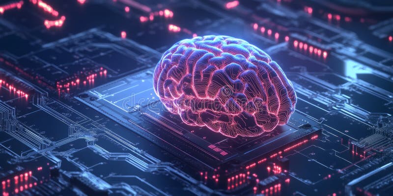 A glowing futuristic AI-powered neural enhancement chip, featuring cybernetic direct brain-interface royalty free stock image