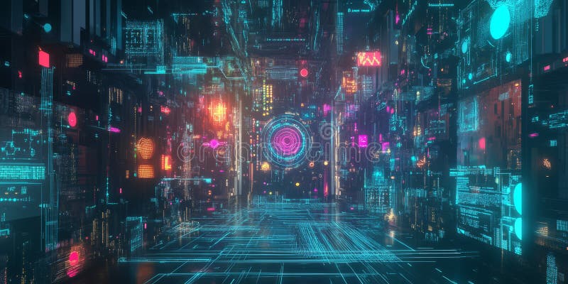 A glowing futuristic AI-powered neuromorphic computing network, displaying cybernetic deep learning royalty free stock images