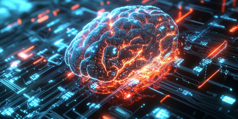 A glowing futuristic AI-powered neurotechnology interface, featuring cybernetic direct stock image