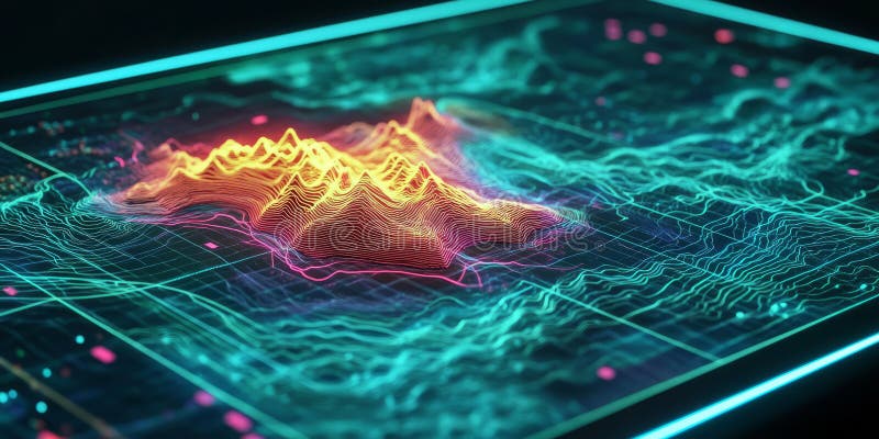 A glowing futuristic AI-powered predictive earthquake monitoring system, featuring cybernetic stock photography