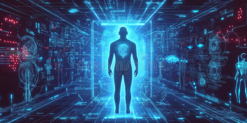 A glowing futuristic AI-powered predictive policing system, featuring cybernetic crime forecasting royalty free stock images