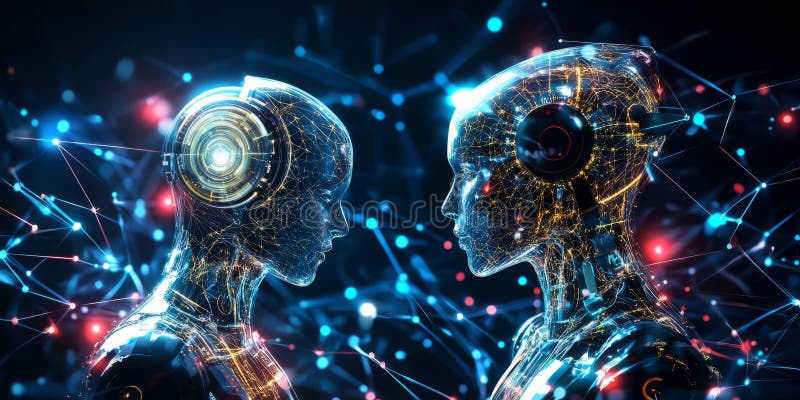 A glowing futuristic AI-powered robotic swarm intelligence, featuring cybernetic coordinated royalty free stock photography
