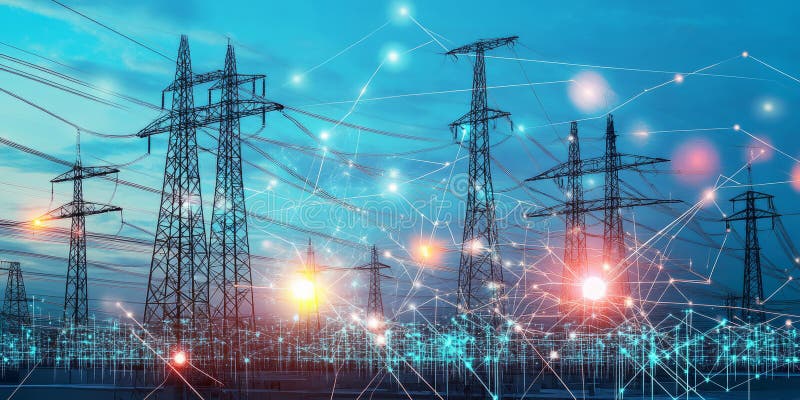 A glowing futuristic AI-powered smart grid, featuring cybernetic energy distribution pathways royalty free stock image