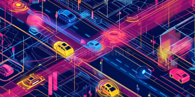 A glowing futuristic AI-powered smart transportation grid, featuring cybernetic autonomous vehicle navigation pathways, pulsating holographic urban traffic control nodes, and swirling digital mobility analysis networks. The high-tech abstract background represents artificial intelligence, smart cities, and advanced urban mobility, enhanced with neon aesthetics. AI generated