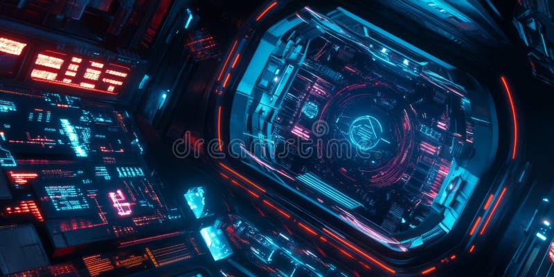 A glowing futuristic AI-powered space station, displaying cybernetic holographic astronaut stock photo