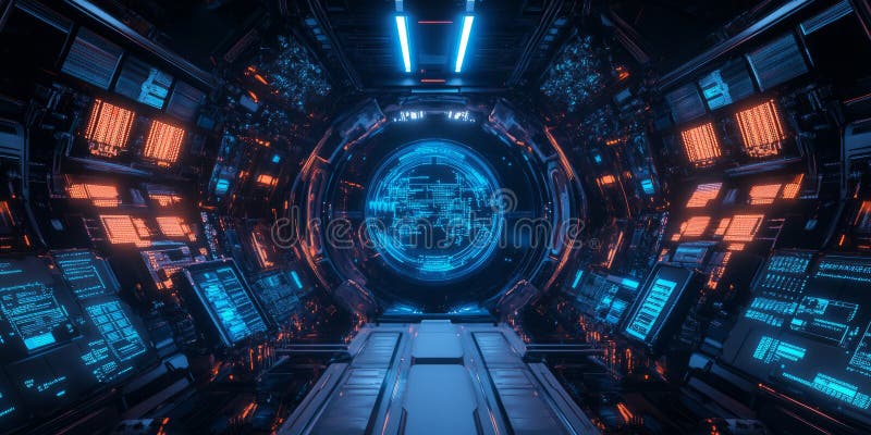 A glowing futuristic AI-powered space station, displaying cybernetic holographic astronaut stock image