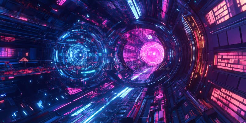 A glowing futuristic AI-powered space station, displaying cybernetic holographic astronaut stock image