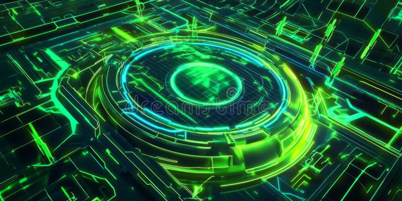 A glowing futuristic AI-powered sustainable energy grid, featuring cybernetic smart solar and wind stock photos