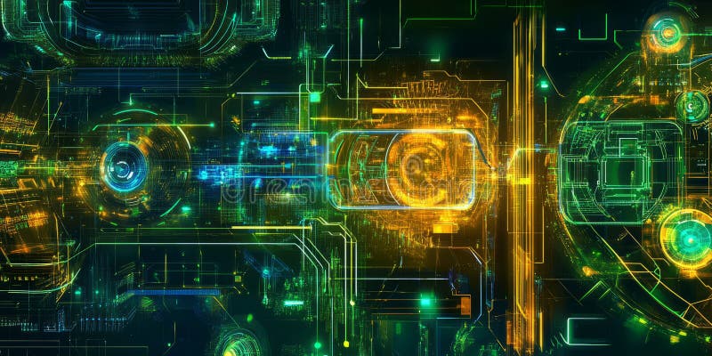 A glowing futuristic AI-powered sustainable energy grid, featuring cybernetic smart solar and wind stock image