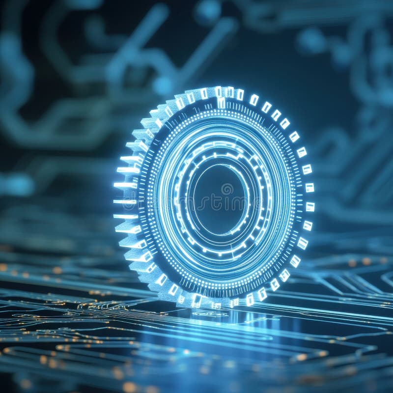 A glowing futuristic blue circular gear hovers above a detailed circuit board, suggesting advanced technology and stock photography