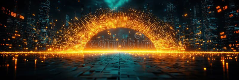 Glowing futuristic bridge connects digital cityscape with vibrant energy royalty free illustration