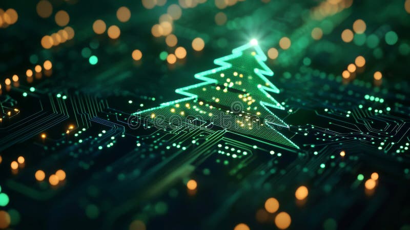 A glowing, futuristic Christmas tree created from a motherboard, with blurred bokeh lights in the background royalty free stock photography