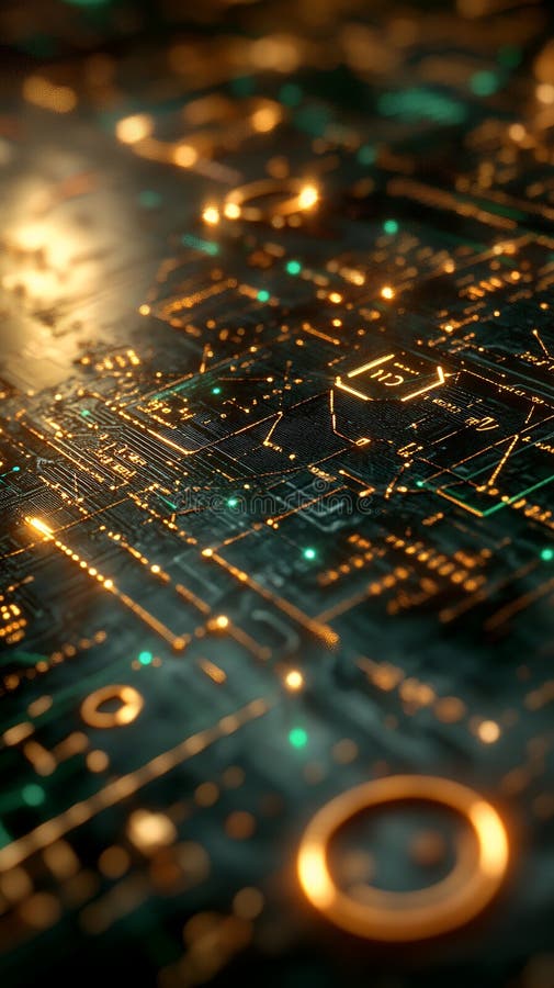 Glowing futuristic circuit board with intricate pathways and nodes, depicting advanced technology royalty free stock images