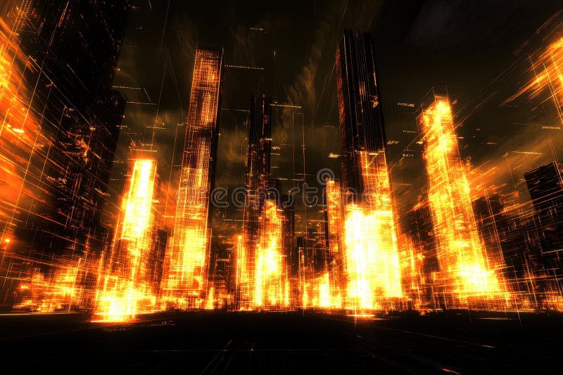 Glowing Futuristic City Skyline with Illuminated Skyscrapers stock photo