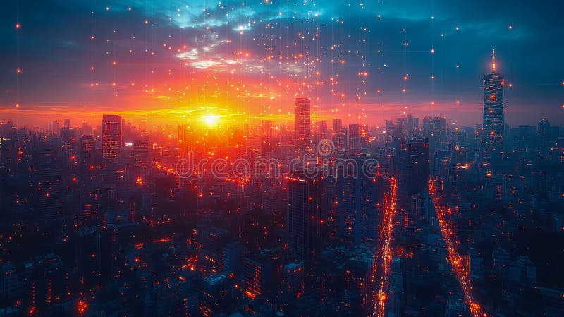 A glowing futuristic city skyline at sunset, illuminated by a network of digital lights, depicting an advanced urban royalty free stock photography