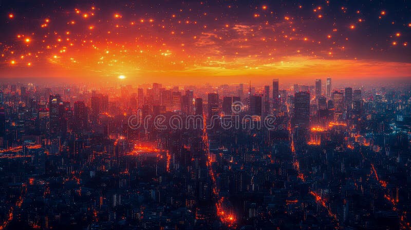A glowing futuristic city skyline at sunset, illuminated by a network of digital lights, depicting an advanced urban royalty free stock photo
