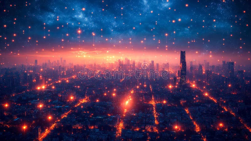 A glowing futuristic city skyline at sunset, illuminated by a network of digital lights, depicting an advanced urban stock photography