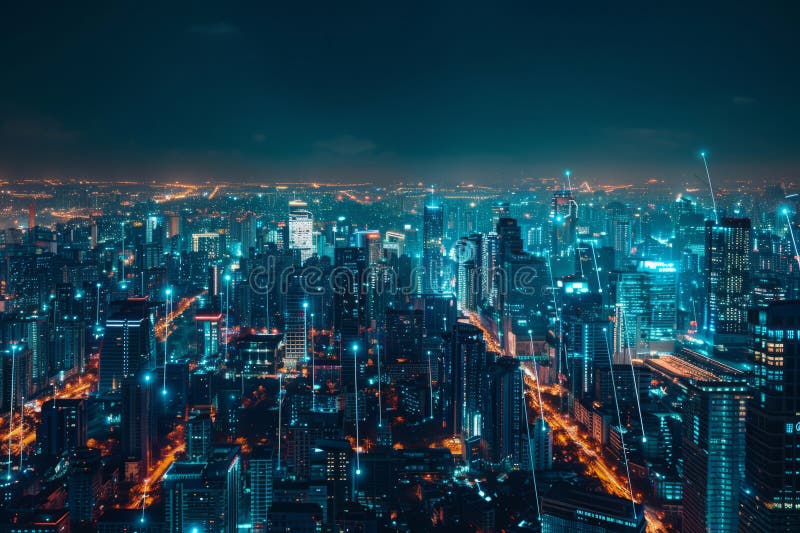 Glowing Futuristic Cityscape with Neon Lights stock photo