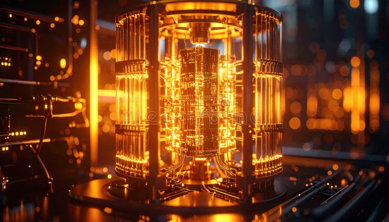 A glowing futuristic core reactor inside a high-tech industrial facility during nighttime stock image