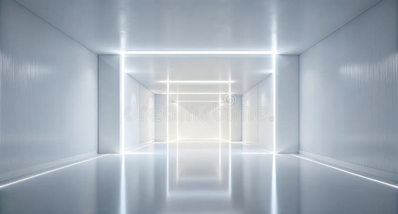 Glowing futuristic corridor with neon blue lights, perfect for tech-inspired themes, virtual environments, sci-fi spaces, or royalty free stock photos