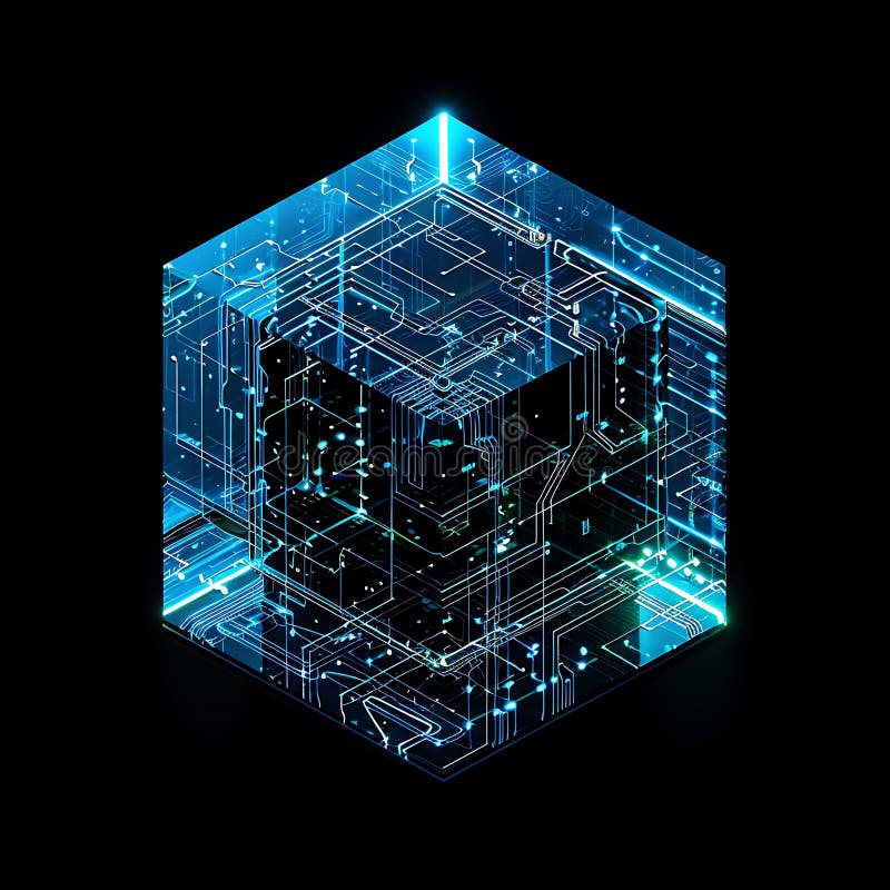 A glowing, futuristic cube is depicted with intricate circuit patterns, combining royalty free illustration
