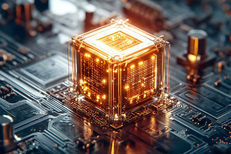 Glowing futuristic cube-shaped microchip on a detailed circuit board representing advanced computing and digital stock image