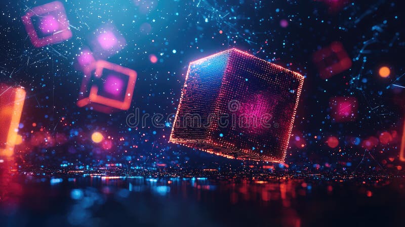 Glowing futuristic cube surrounded by neon digital particles in a high-tech virtual space stock illustration