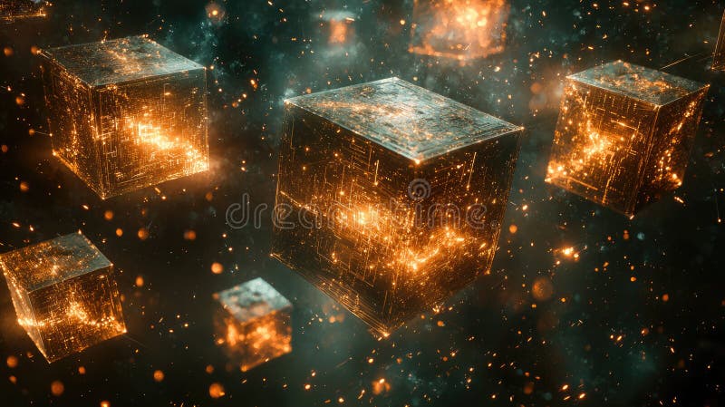 Glowing futuristic cubes in space with digital particle effects and surreal light patterns vector illustration