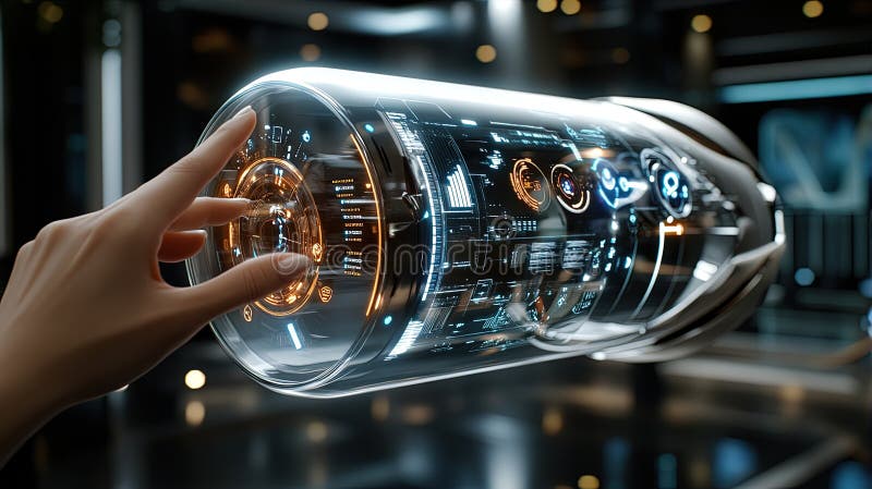 A glowing futuristic cylinder with digital displays explored by a hand, representing technological advancement and royalty free stock photo
