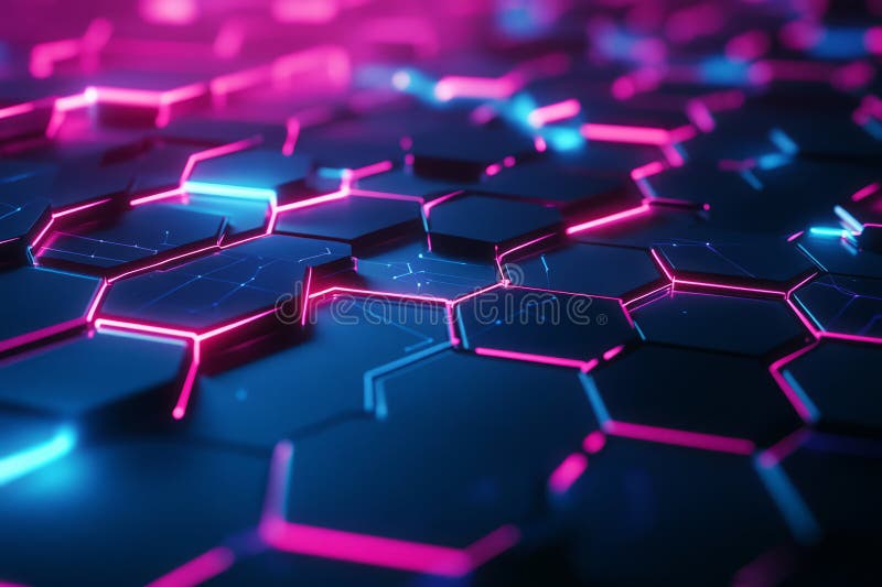 A glowing futuristic 3D background with interwoven hexagons illuminated by pulsating blue and stock images