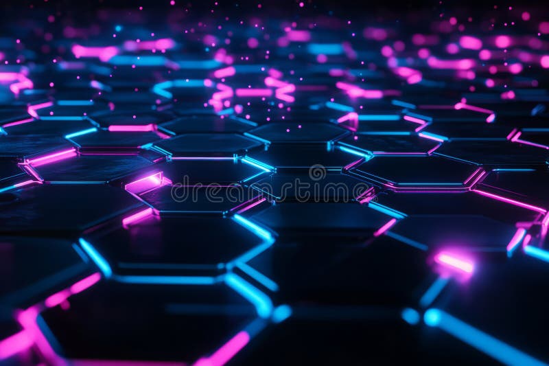 A glowing futuristic 3D background with interwoven hexagons illuminated by pulsating blue and stock image