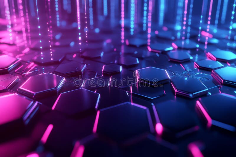 A glowing futuristic 3D background with interwoven hexagons illuminated by pulsating blue and royalty free stock image