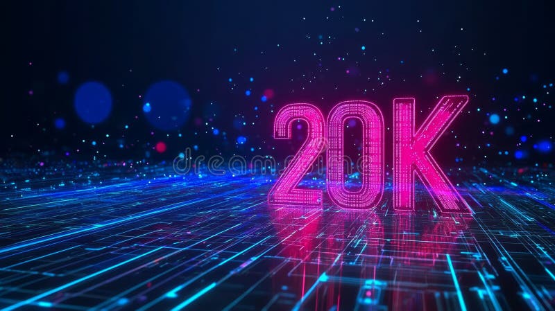 Glowing, Futuristic Digital 20K on Abstract Technology Background with Glowing Particles. vector illustration