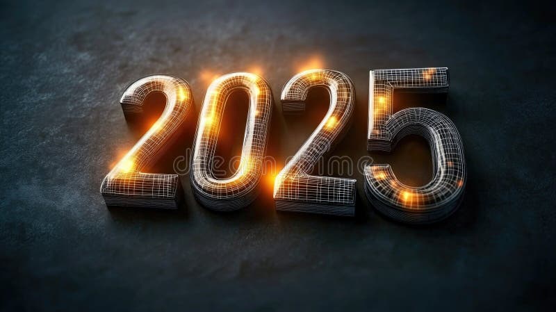 Glowing 2025: futuristic digital numbers with illuminated wireframe design royalty free stock photography