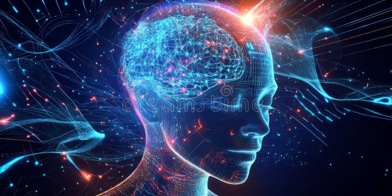 A glowing futuristic digital twin, composed of swirling cybernetic energy trails, pulsating royalty free stock photos