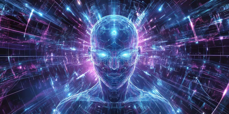 A glowing futuristic digital twin, composed of swirling cybernetic energy trails, pulsating stock photo