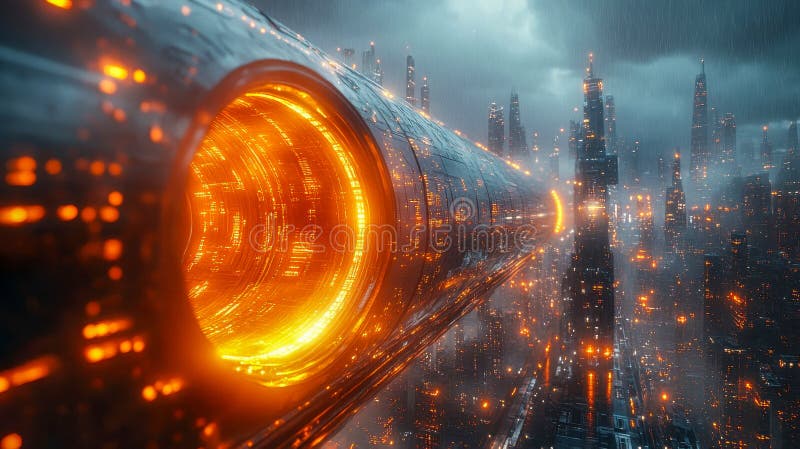 A glowing futuristic energy core tunnel in a cyberpunk cityscape with towering skyscrapers and neon lighting stock image