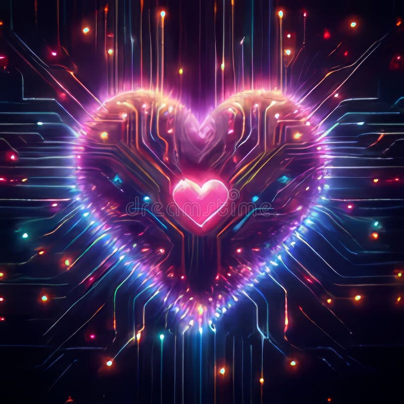 A glowing, futuristic heart made of neon circuitry, with vibrant lights and patterns, creating an energetic and tech royalty free stock photography