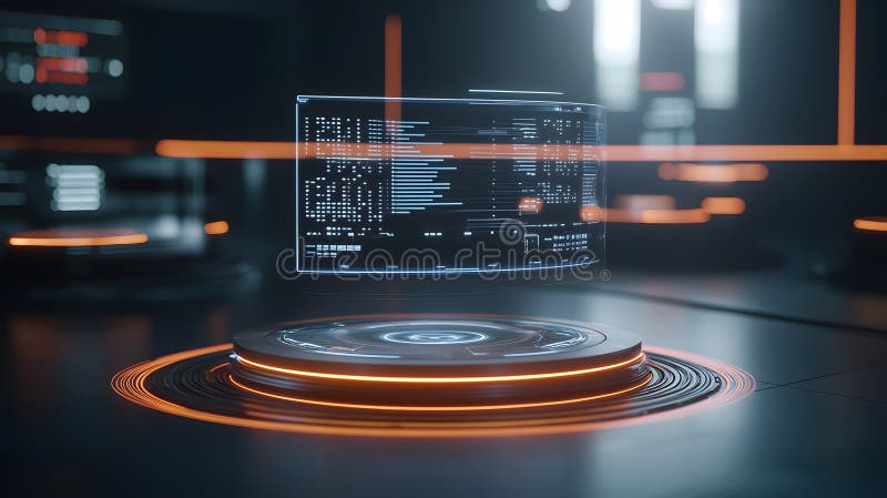 Glowing Futuristic Hologram Displaying Data in a High-Tech Environment with Control Interface. A stunning futuristic hologram showcases data in a sleek control interface, set in a high-tech environment. Ideal for tech and innovation themes Generated By AI