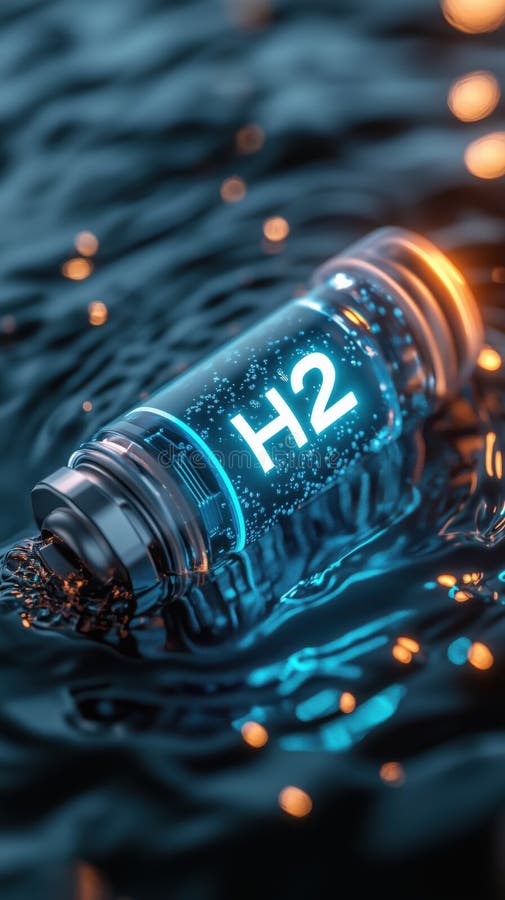 Glowing futuristic hydrogen battery floating on rippling water, symbolizing clean energy royalty free illustration