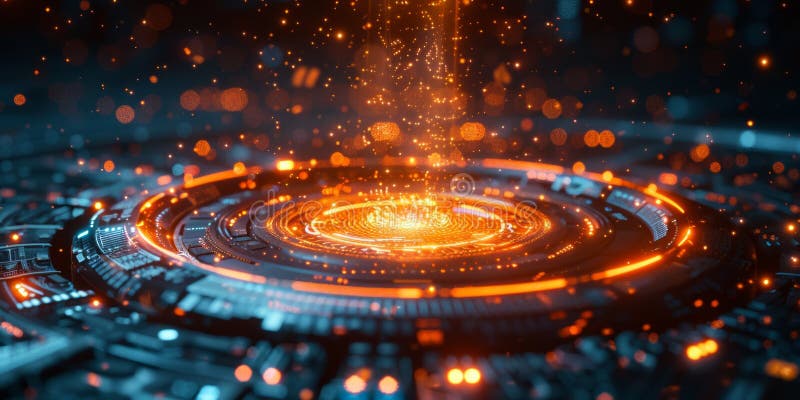 Glowing futuristic interface with digital particles and circular patterns, technology, data, and innovation royalty free stock image