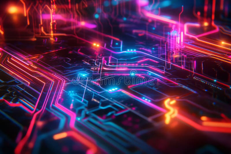 A glowing futuristic quantum circuit board, surrounded by swirling AI-driven energy trails royalty free stock image