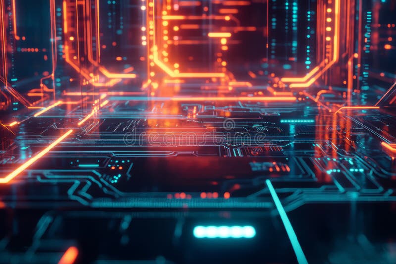 A glowing futuristic quantum circuit board, surrounded by swirling AI-driven energy trails stock photos